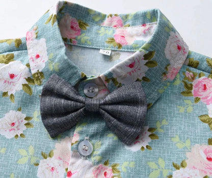 Boys’ Floral Print Button-Up Shirt with Bow Tie and Shorts Set