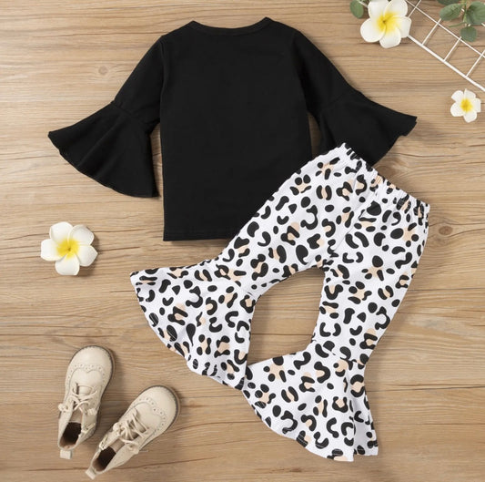 Flare Long Sleeve Shirt w/ Cow Print Bell Bottom