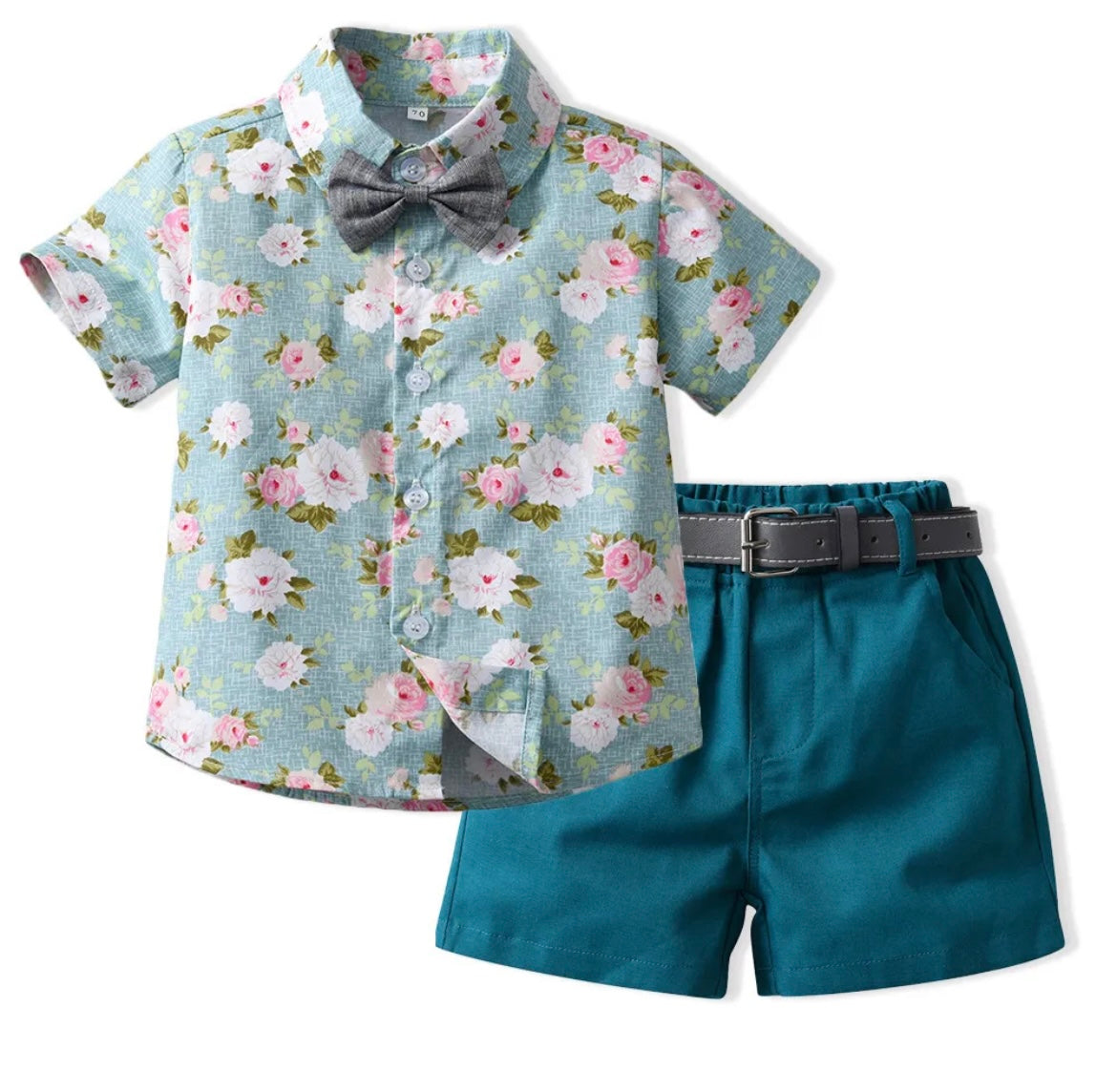 Boys’ Floral Print Button-Up Shirt with Bow Tie and Shorts Set