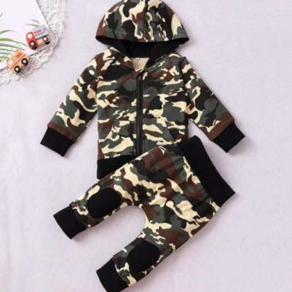 Boys army fatigue jogging suit with stylish camoflage print, featuring a comfortable zip-up hoodie and matching joggers. Perfect for active kids who love adventure and outdoor play, this trendy outfit offers durability and flexibility for everyday wear.