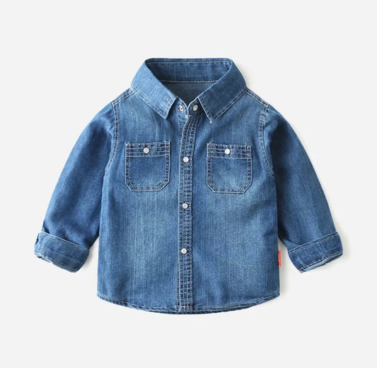 "Stylish boys denim long sleeve shirt perfect for casual wear, featuring a classic fit and durable fabric. i deal for everyday outfits or special occasions, this versatile shirt adds a trendy touch to any boy's wardrobe.