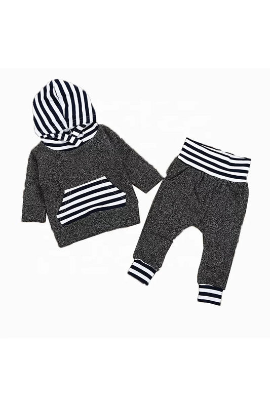 Boys’ Black & White Striped Jogging Suit front view showcasing stylish design and sporty appeal, perfect for active play and casual outings.”