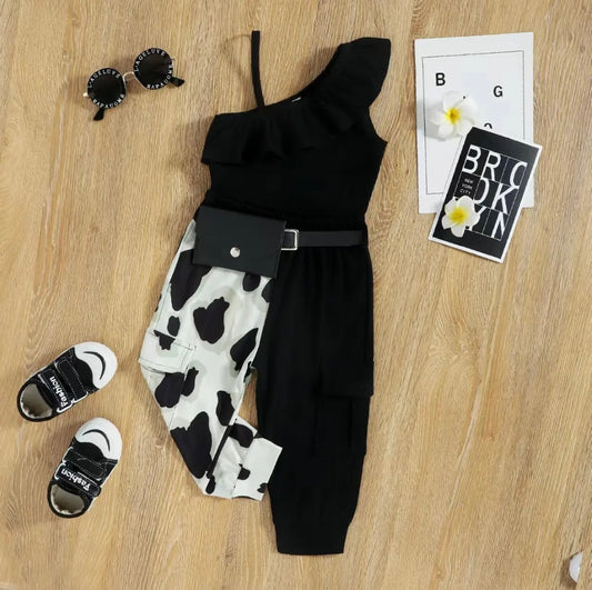 Short Sleeve Spaghetti Strap Crop Top w/ Cow Print Joggers