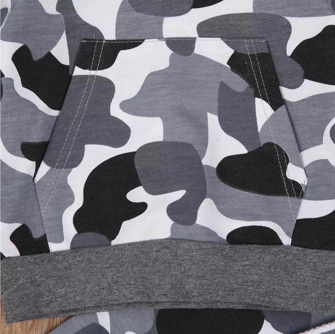 Boys camo hoodie and jogger suit with stylish black,grey, and white camouflage print, featuring a front kangaroo pocket. perfect for active kids who love adventure and outdoor play, this trendy outfit offers durability and flexibility for everyday wear.