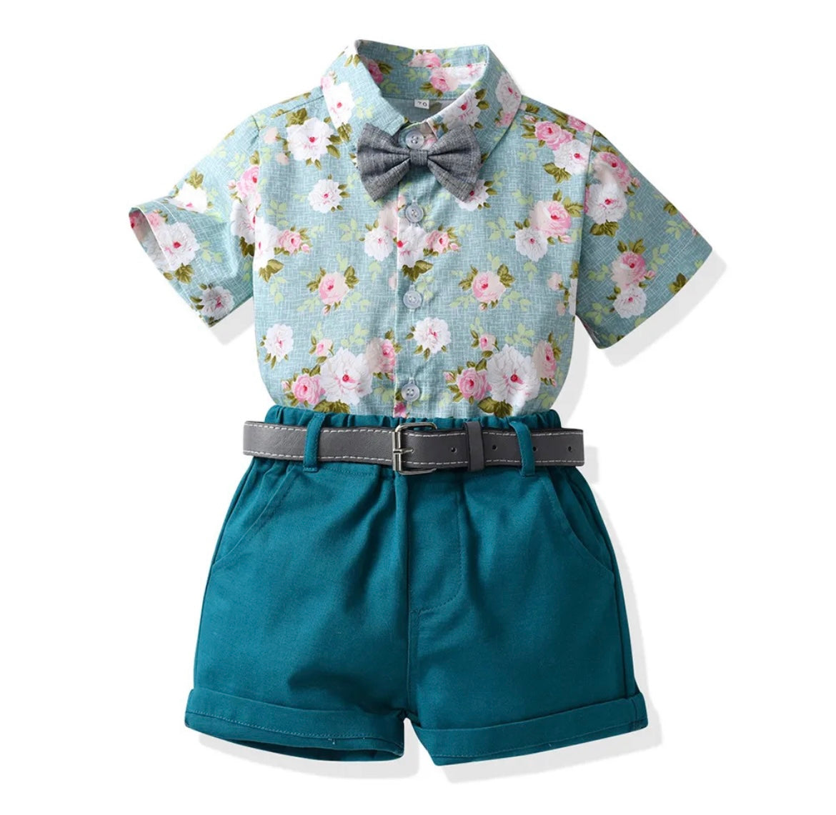 Boys’ Floral Print Button-Up Shirt with Bow Tie and Shorts Set