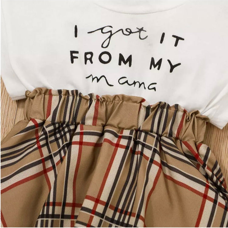 “Detail view of the bold graphic on the ‘I Got It from My Mama’ short sleeve shirt, showcasing fun and fashionable lettering for a trendy, standout look.”