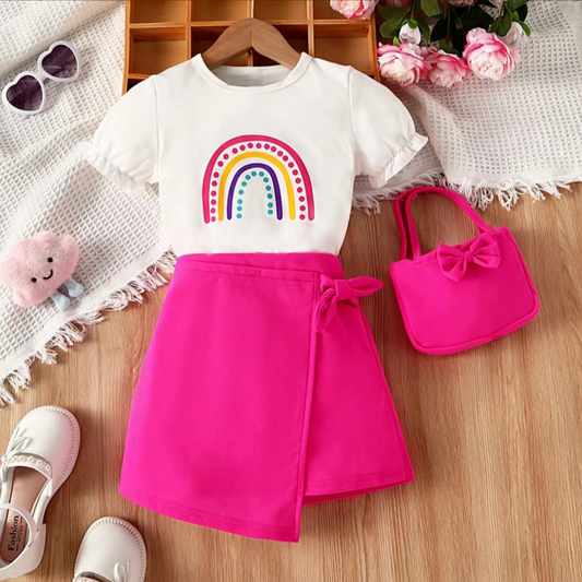 Girls rainbow t-shirt and solid skirt outfit, featuring a fun rainbow design on the t-shirt and matching skirt with bow tie accents.