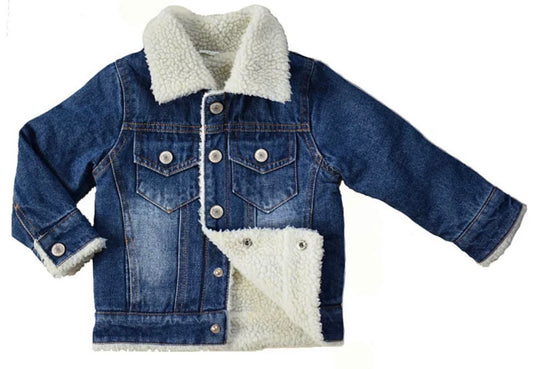 “Front view of the Kids’ Sherpa Lined Jean Jacket, showcasing its classic button-front design, chest pockets, and durable denim. This stylish and versatile jacket is perfect for layering and keeping kids warm in cooler weather.”