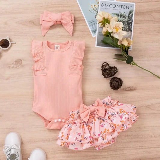 Short Sleeve Ribbed Button Romper with Flower Printed Skirt