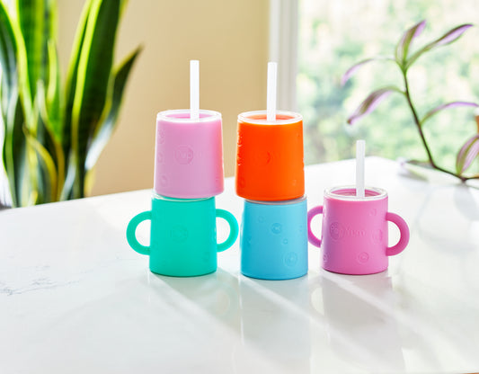 PopYum 5 oz Silicone Training Cup with Straw Lid, 2-Pack Pink & Blue