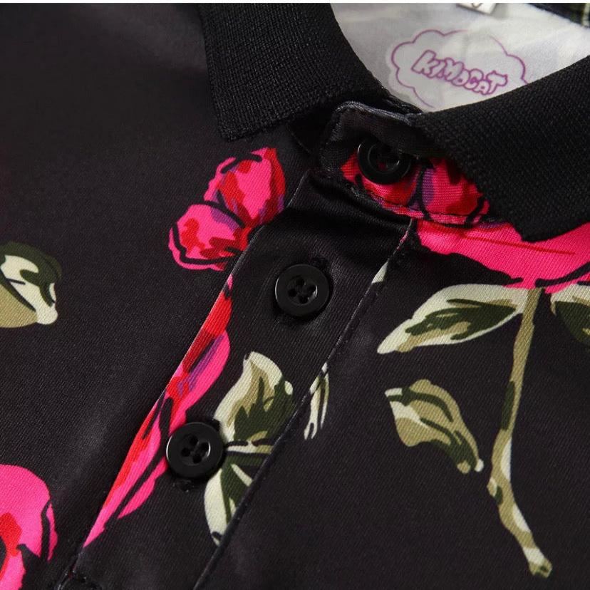 Detail of the 3-button collar on the Kids Boys Roses Polo Shirt, highlighting a polished finish ideal for dressing up or down.”