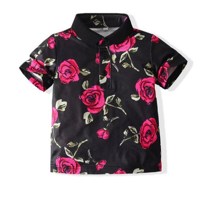 Kids Boys Roses 3-Button Collar Polo Shirt featuring a vibrant floral print, perfect for stylish playdates and family outings.”