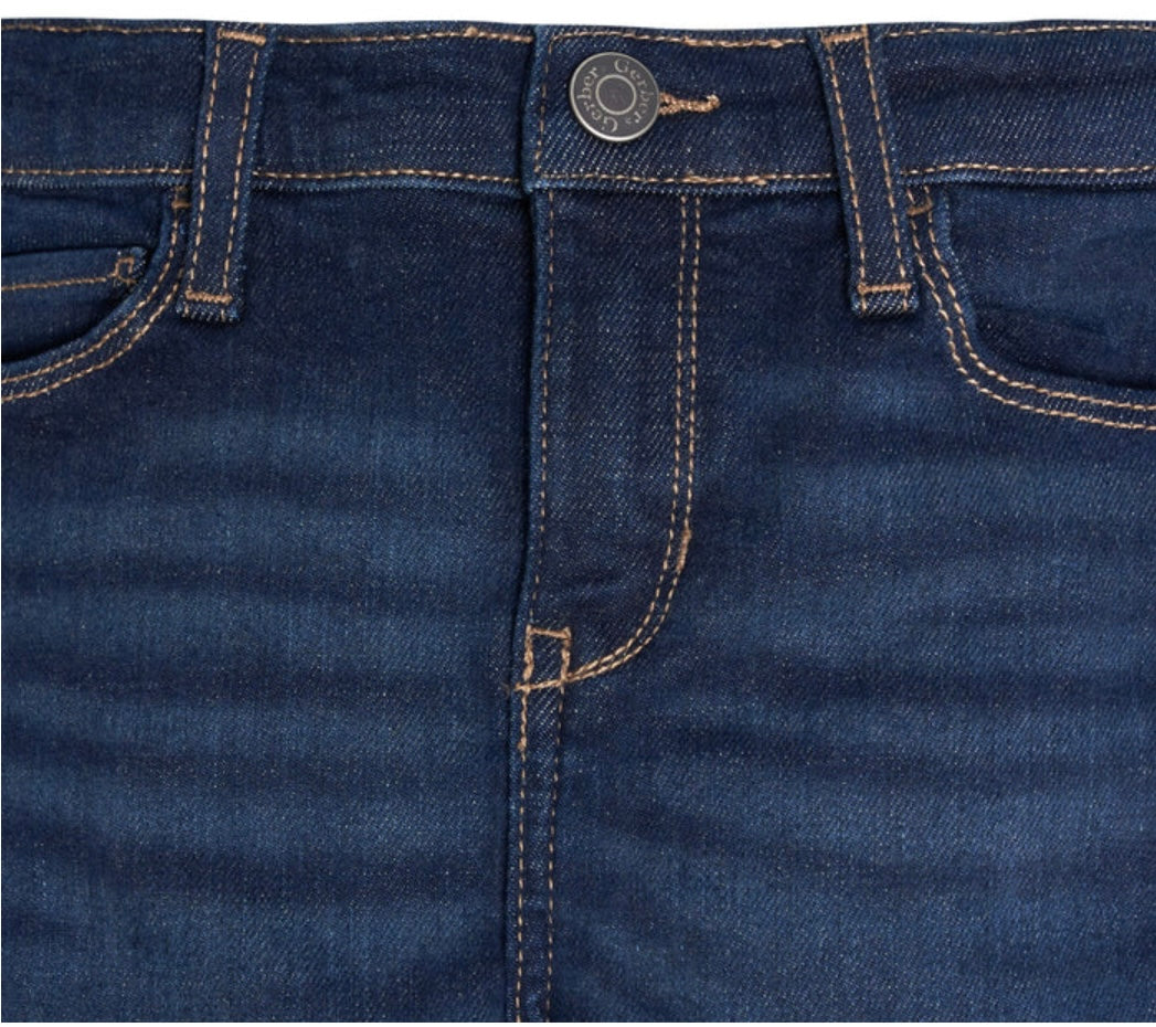 Unisex toddler dark blue jeans with button waistband, durable denim, and classic dark blue wash, perfect for boys and girls ages 1-4 years old.