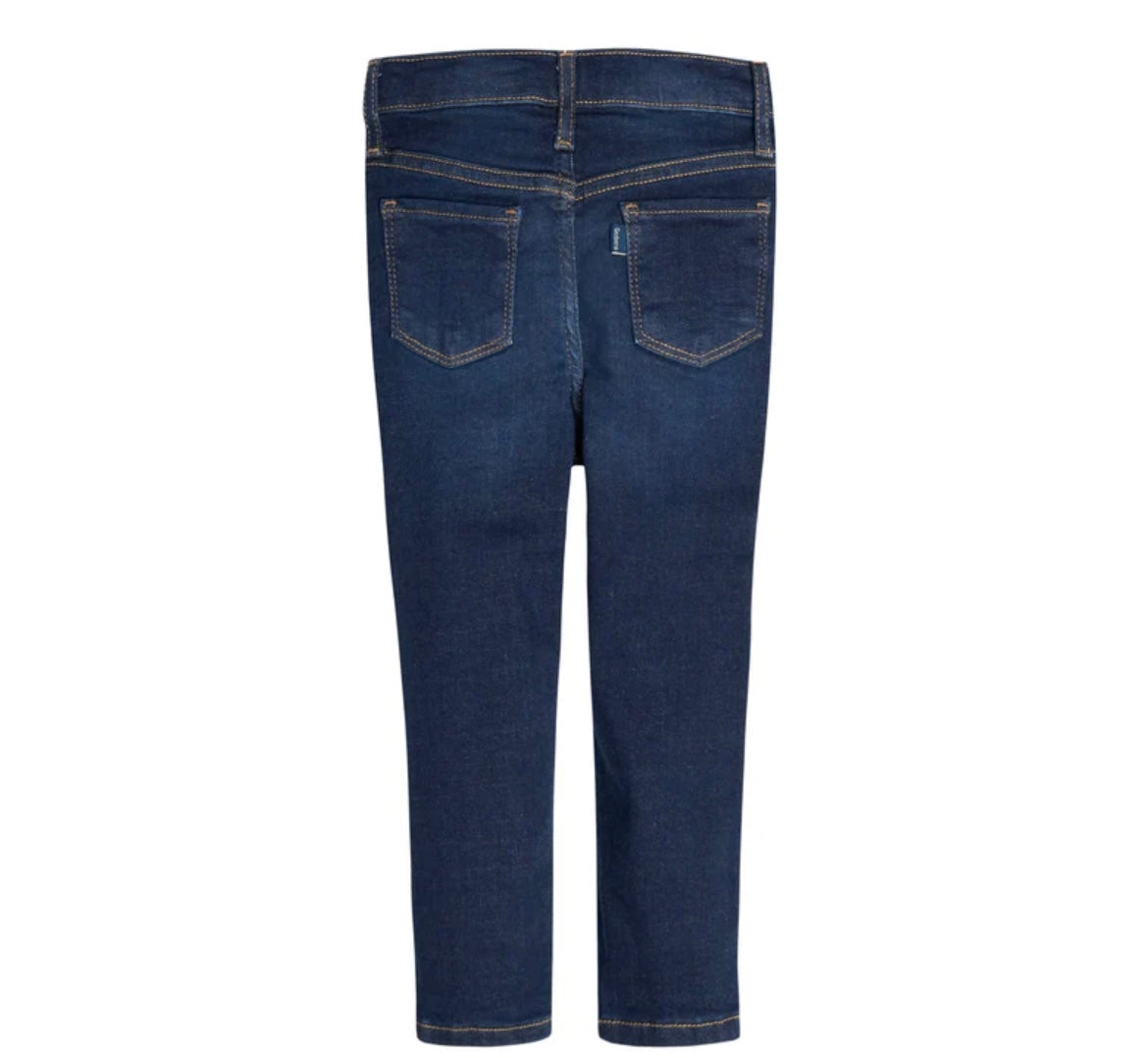 Unisex toddler dark blue jeans with button waistband, durable denim, and classic dark blue wash, perfect for boys and girls ages 1-4 years old.