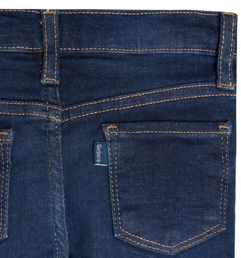 Unisex toddler dark blue jeans with button waistband, durable denim, and classic dark blue wash, perfect for boys and girls ages 1-4 years old.