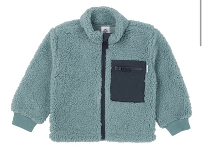 Cozy light blue toddler boy zip-up fleece jacket with dark blue pocket, made from ultra-soft microplush fabric for warmth and style.