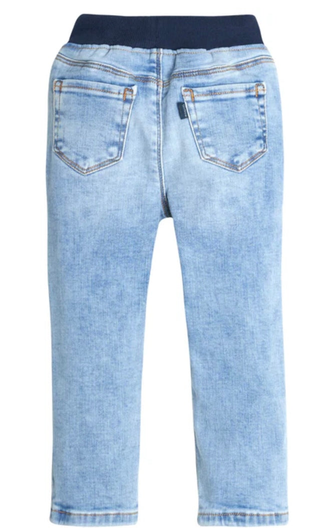 Unisex toddler Light blue jeans with elastic drawstring waistband, durable denim, and classic dark blue wash, perfect for boys and girls ages 1-4 years old.