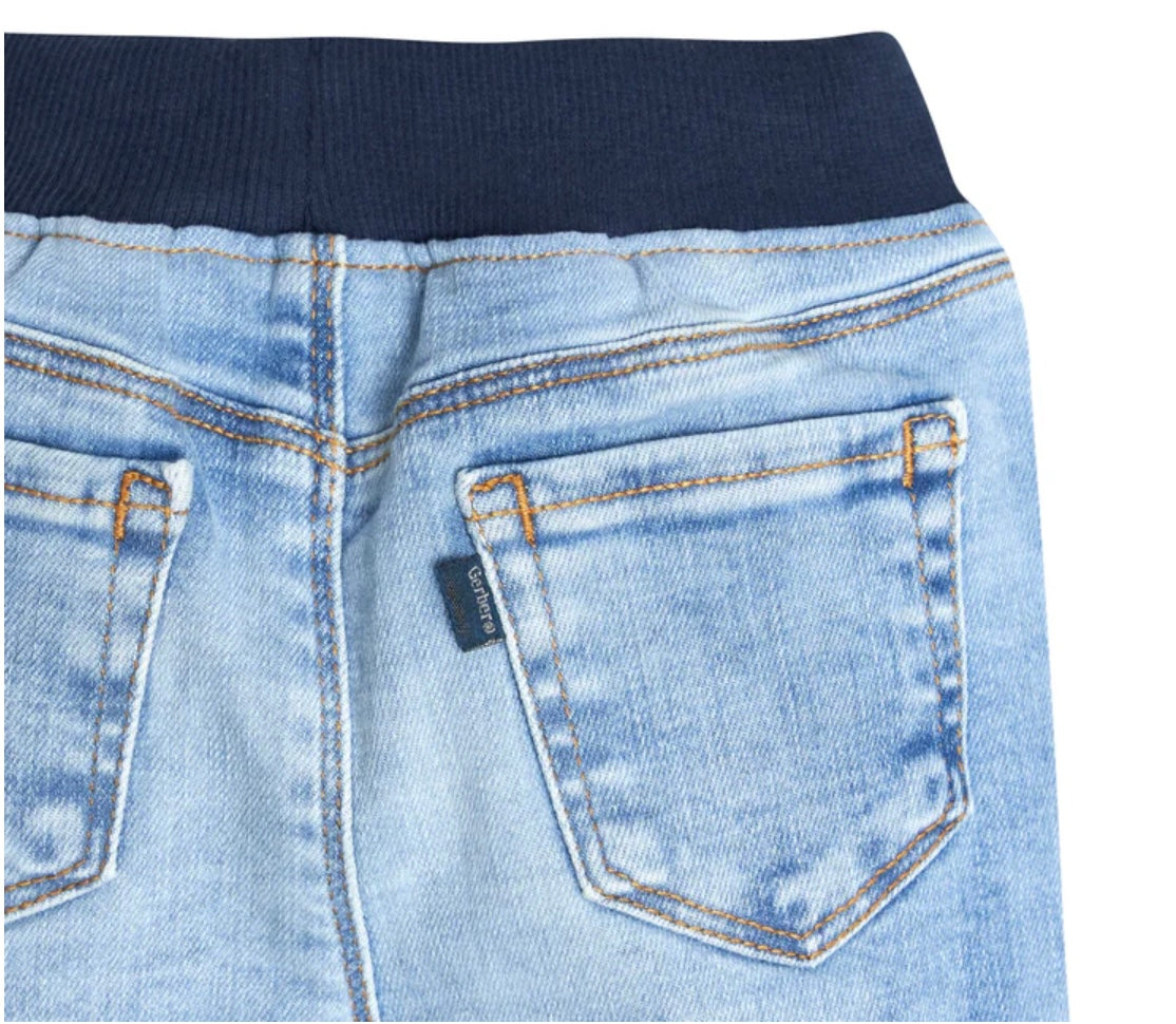 Unisex toddler Light blue jeans with elastic drawstring waistband, durable denim, and classic dark blue wash, perfect for boys and girls ages 1-4 years old.